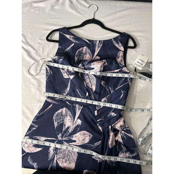 NWT $318 Kay Unger‎  [ 4 ] Emmaline Draped Floral Midi Dress Deep Navy Pink - Picture 4 of 15